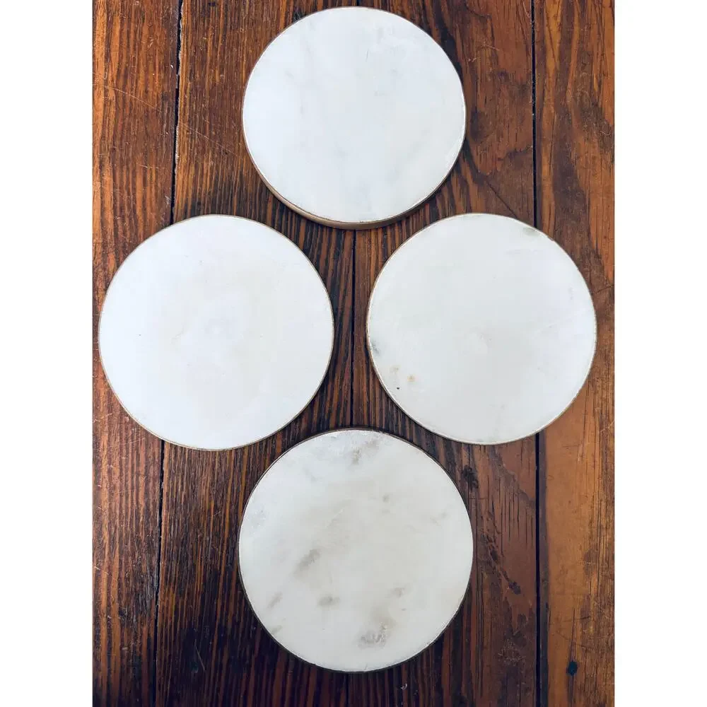 Artisan De Luxe White Gray Shimmer Mable & Brass Rim Coaster Set 4 Made In India